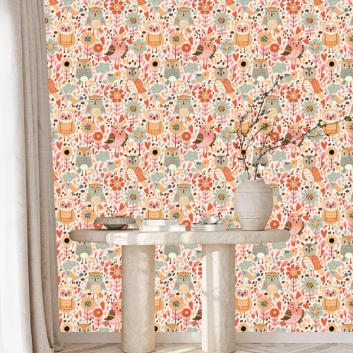 Tapete Eulen für Mädchen mit Blumen und Herzen