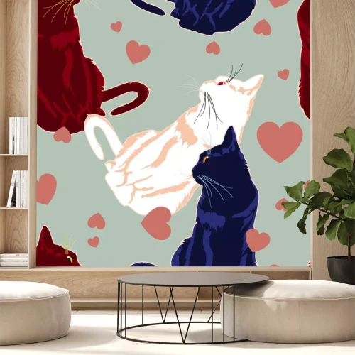 Sticker Schwarze, weiße und rote Katzen inmitten von Herzen