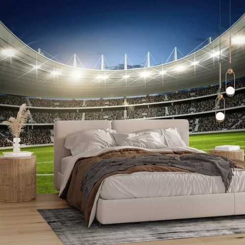 Fototapete Modernes Fußballstadion bei Nacht Blick vom Spielfeld