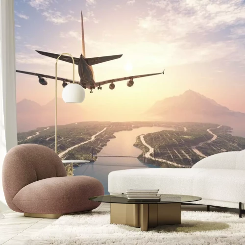 Sticker Ein Flugzeug fliegt über eine tropische Insel