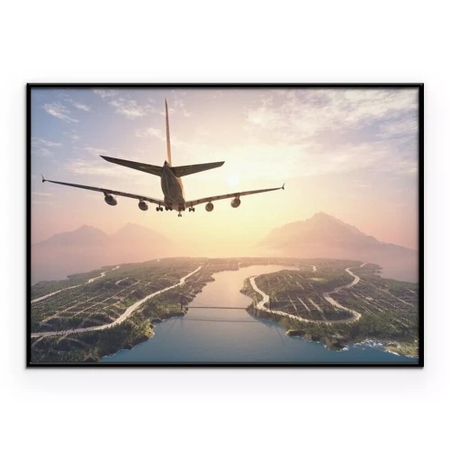 Poster Ein Flugzeug fliegt über eine tropische Insel