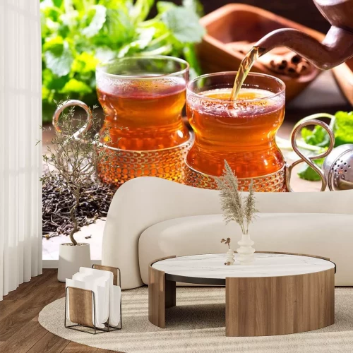 Sticker Schwarzer Tee mit Minze Foto Komposition