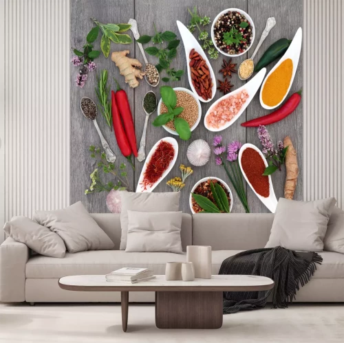 Sticker Gewürze und Kräuter auf Holzbrettern
