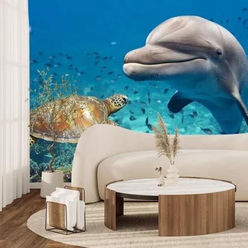 Fototapete Schildkröte und Delfin unter Wasser