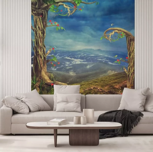 Sticker Eine schöne Waldszene mit Bäumen und Gras in den Bergen