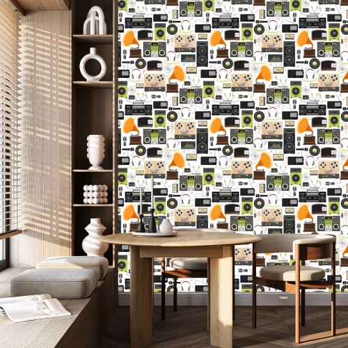 Tapete Set von Musikstücken - Kassette, CD-Player, DJ-Mixer, Equalizer