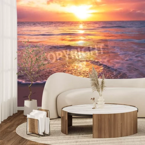 Fototapete Wellen violetter Himmel und Sonnenuntergang