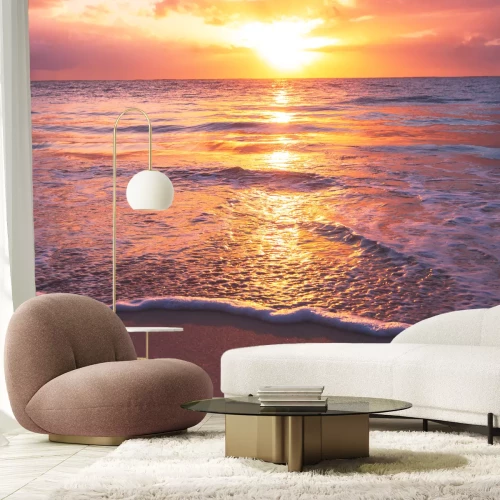 Fototapete Wellen violetter Himmel und Sonnenuntergang