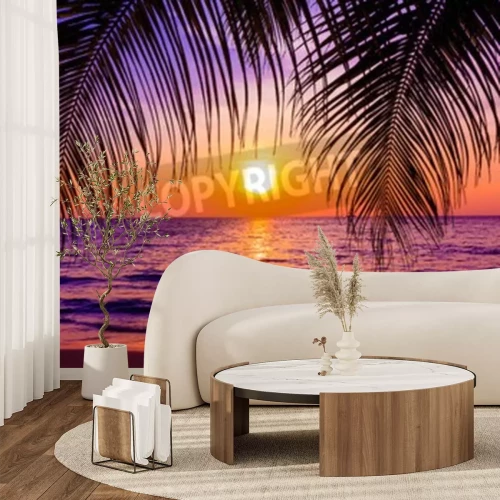 Fototapete Violetter Sonnenuntergang unter Palmen