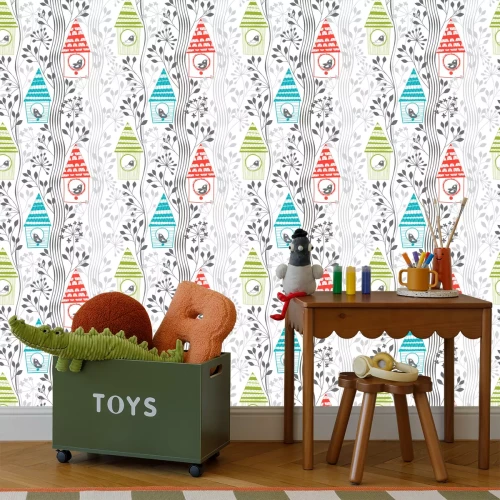 Tapete Muster mit Pflanzen, Vögeln und Vogelhäuschen