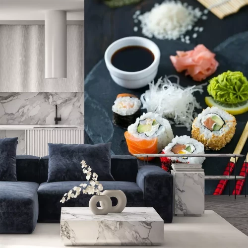 Fototapete Sushi auf einem schwarzen Teller