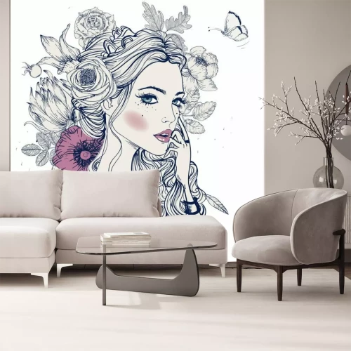 Fototapete Eine Frau mit Blumen im Haar und einem Schmetterling im Zeichenstil