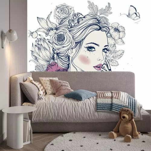 Fototapete Eine Frau mit Blumen im Haar und einem Schmetterling im Zeichenstil