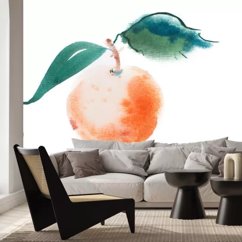 Sticker Pfirsich mit Blättern mit Aquarellfarben gemalt