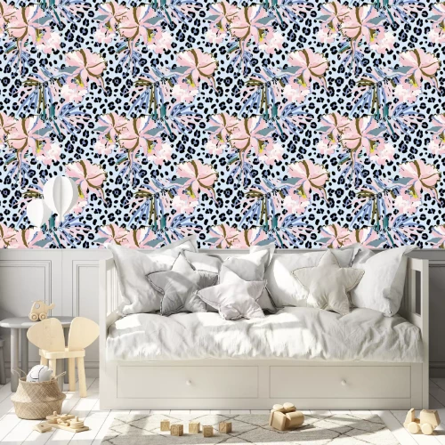 Tapete Orchideen und bunte Palmenblätter