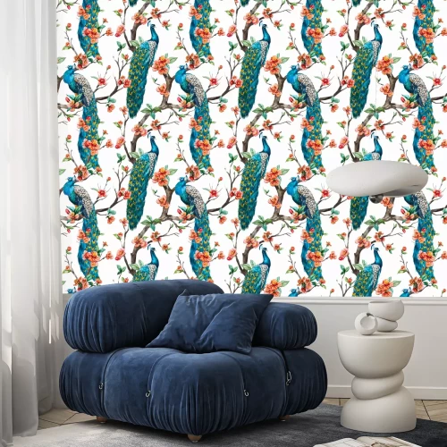 Tapete Aquarell Pfauen und Blumen