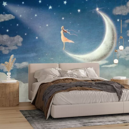 Sticker Mädchen auf Mond bewundert den Nachthimmel - Illustration Kunst