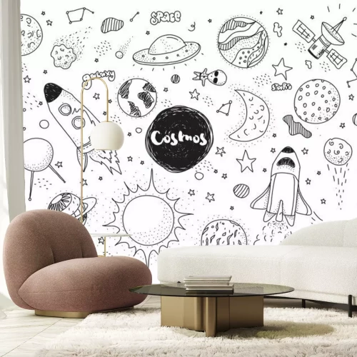 Fototapete Schwarz-weiße Weltraumsymbole für Kinder