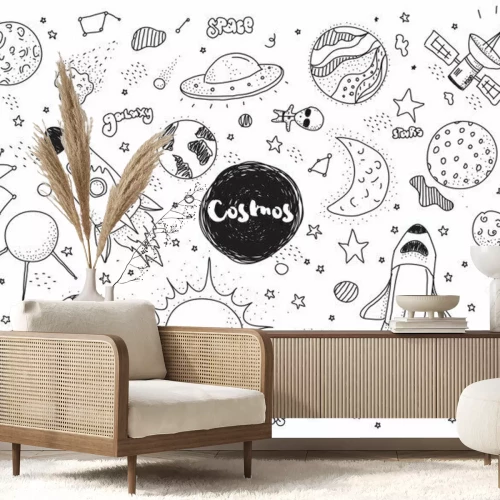 Fototapete Schwarz-weiße Weltraumsymbole für Kinder