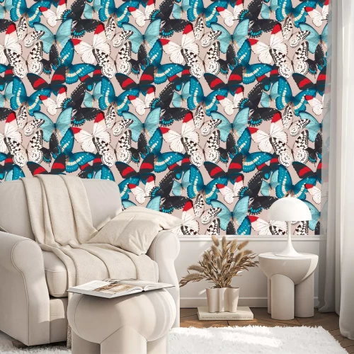 Tapete Bunte Schmetterlinge auf beigem Hintergrund