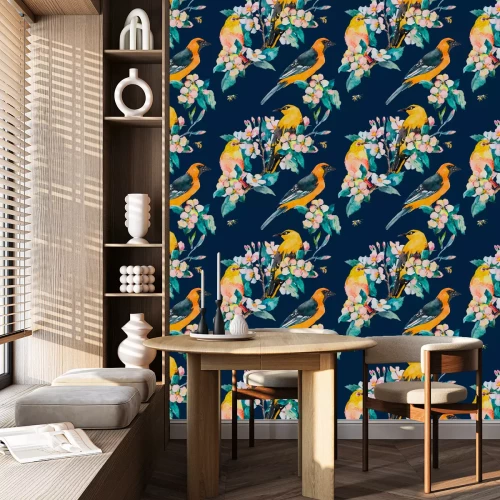 Tapete Vögel und Blumen auf marineblauem Hintergrund