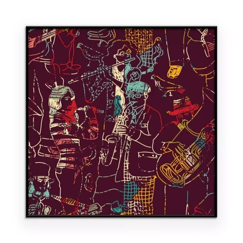 Poster Eine künstlerische Komposition von Musikern auf schwarzem Hintergrund