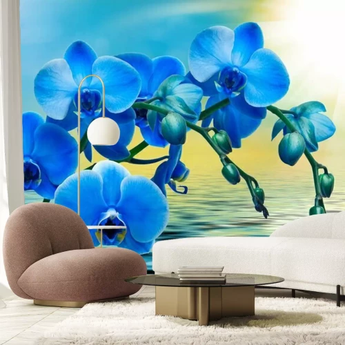 Fototapete Blaue Orchideen über einem ruhigen Meer