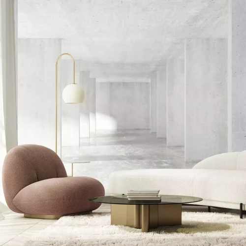 Fototapete Innenraum aus hellem Beton mit Säulen die einen Tunnel bilden