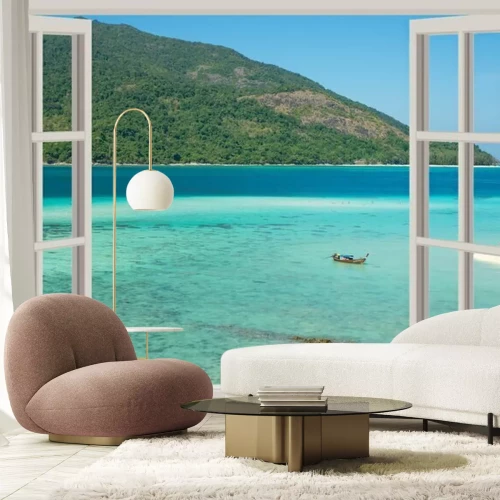 Fototapete Blick aus dem Fenster auf tropisches Meer