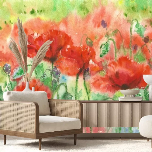 Fototapete Schwarze und aquarellierte Mohnblumen