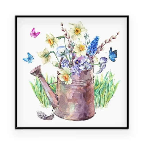 Poster Frühling Bouquet mit Narzissen, Stiefmütterchen, Muscari und Schmetterlinge
