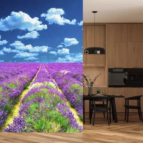 Fototapete Malerisches Lavendelfeld mit Wolken am Himmel