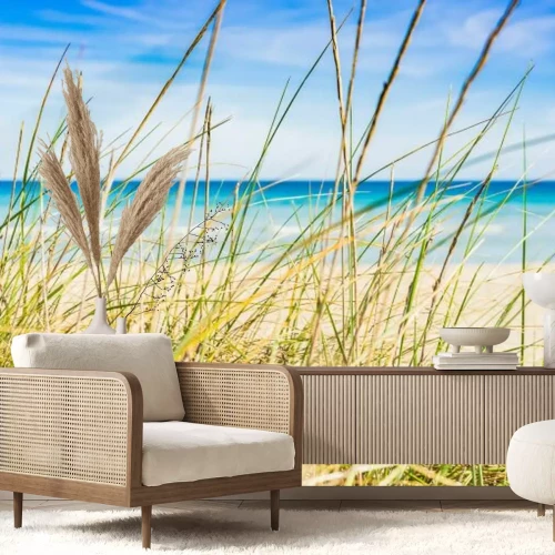 Fototapete Graslandschaft am Sandstrand mit Meerblick