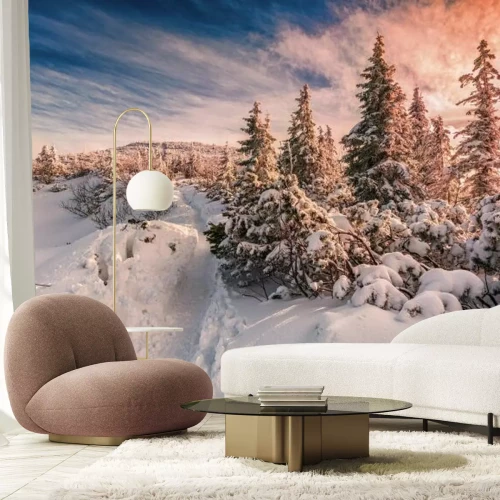 Fototapete Winter Sonnenuntergang auf Beskiden Berge