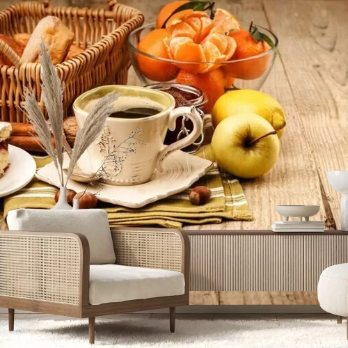 Fototapete Frühstück mit Kaffee auf dem Tisch