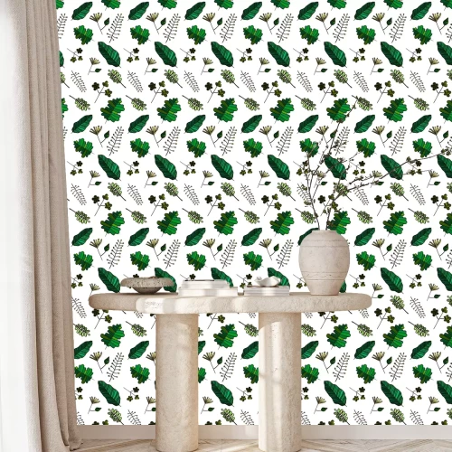 Tapete Vector Nahtlose Kräuter-Illustration mit den verschiedenen künstlerischen Arten von grünen Blättern auf dem weißen Hintergrund