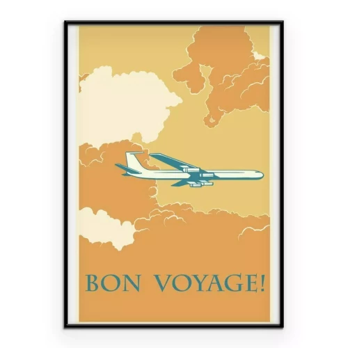 Poster Bon Voyage-Schriftzug und ein Retro-Flugzeug zwischen den Wolken