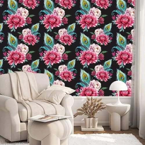 Tapete Sträuße aus Blumen und Federn