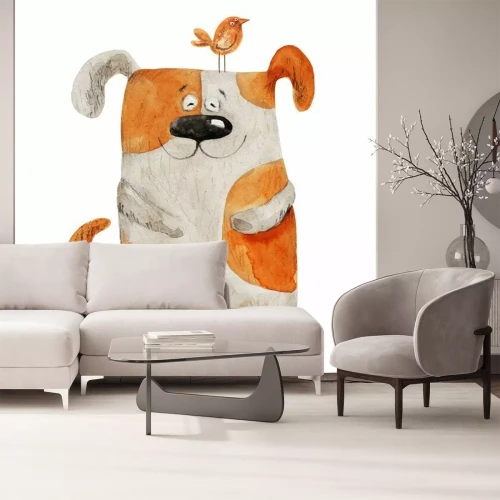 Sticker Hund lächelnd mit Vogel. Aquarellabbildung