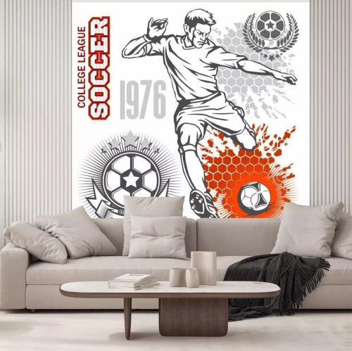 Sticker Grafiken mit einem Fußballspieler, Mannschaftsemblemen und Slogans