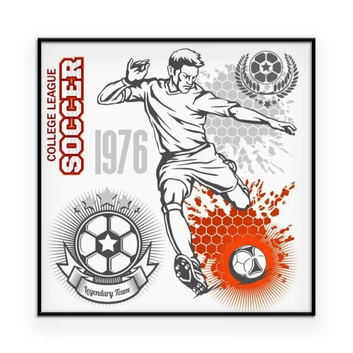 Poster Grafiken mit einem Fußballspieler, Mannschaftsemblemen und Slogans