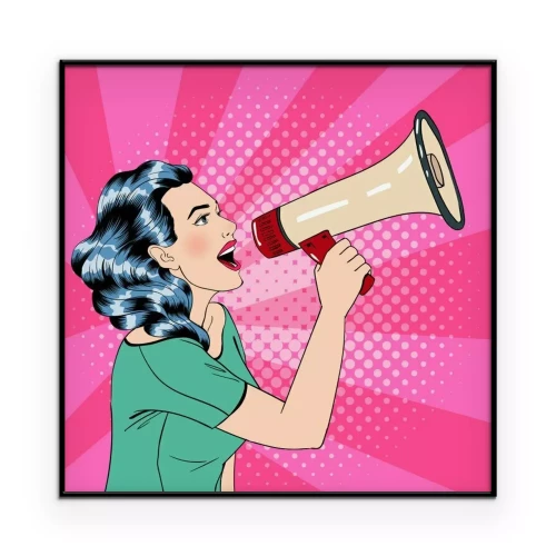 Poster Retro-Grafik einer Frau mit Megafon vor rosa Hintergrund