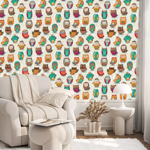 Tapete Bunte Cartoon-Eulen