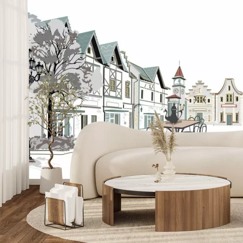 Fototapete Ein Café in der Altstadt im Aquarellstil