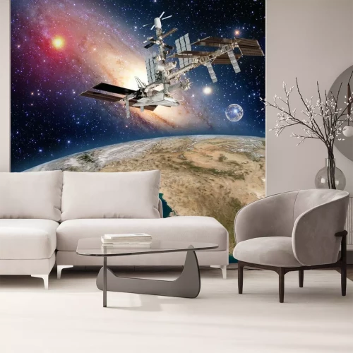 Fototapete Blick aus dem Weltraum auf die Erde und einen Satelliten