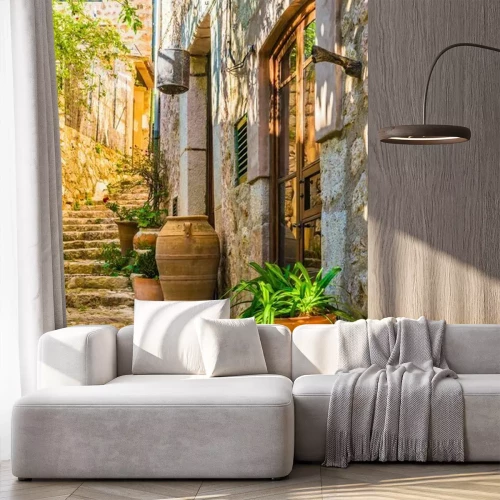 Fototapete Rustikale Straße mit Blumentöpfen neben den Häusern