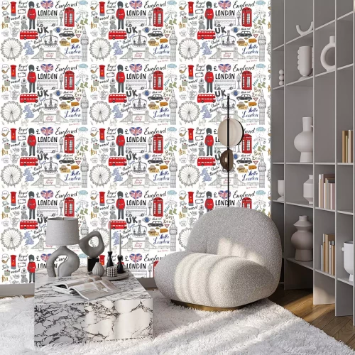 Tapete London Stadt doodles Elemente Sammlung. Hand gezeichnetes Set mit, Turmbrücke, Krone, Big Ben, königlicher Schutz, roter Bus und schwarzes Fahrerhaus, UK-Karte und Flagge, Teetopf, Beschriftung, Vekto