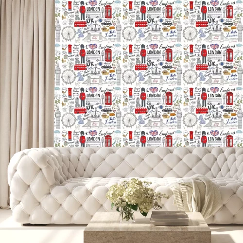 Tapete London Stadt doodles Elemente Sammlung. Hand gezeichnetes Set mit, Turmbrücke, Krone, Big Ben, königlicher Schutz, roter Bus und schwarzes Fahrerhaus, UK-Karte und Flagge, Teetopf, Beschriftung, Vekto