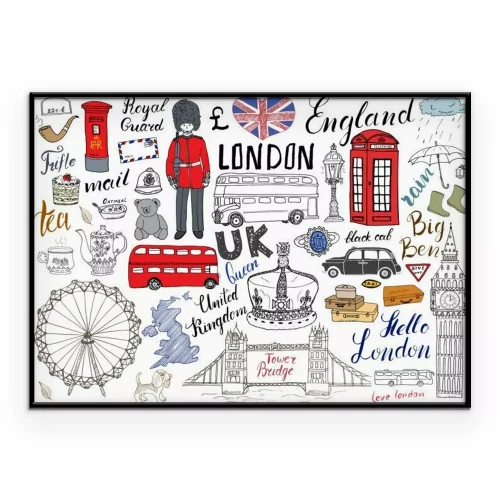 Poster London Stadt doodles Elemente Sammlung. Hand gezeichnetes Set mit, Turmbrücke, Krone, Big Ben, königlicher Schutz, roter Bus und schwarzes Fahrerhaus, UK-Karte und Flagge, Teetopf, Beschriftung, Vekto