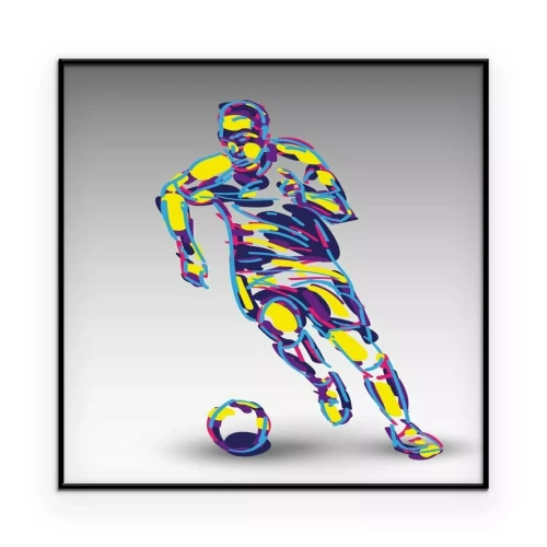 Poster Grafik mit der farbenfrohen Silhouette eines Fußballspielers auf grauem Hintergrund